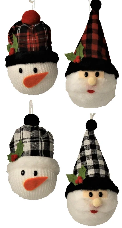 Plush Snowman and Santa Head Ornaments