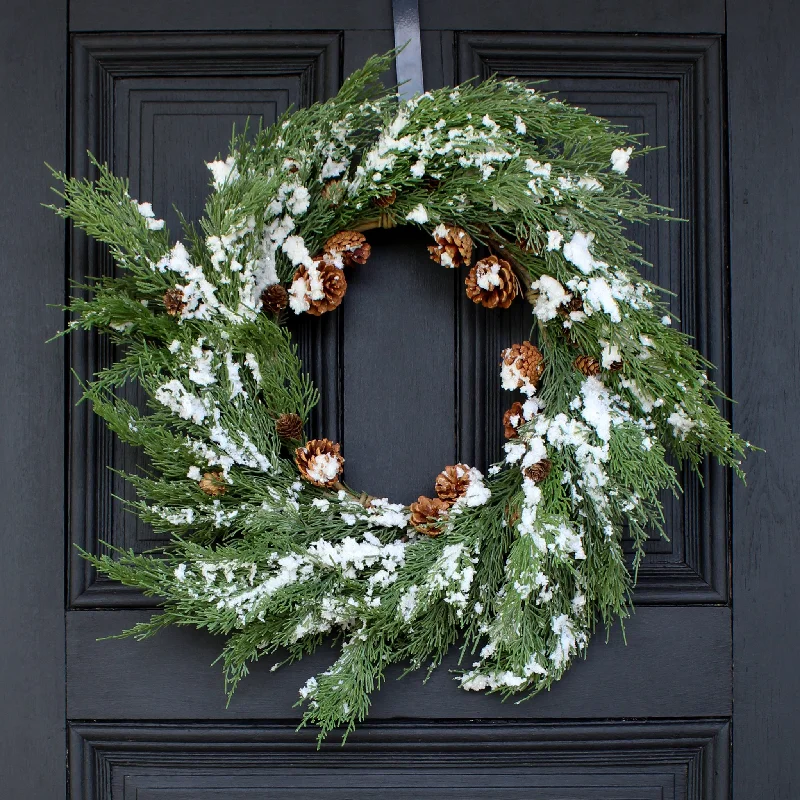 Snowy Western Cedar & Pinecone Christmas Holiday Front Door Wreath 24"