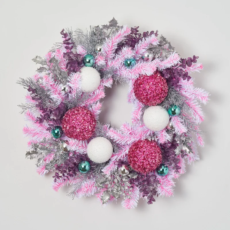 The Dream House Wreath - Glittered Pine, Metallic Eucalyptus, Sparkle Holly & Pink Sequin Ornament Holiday Christmas Wreath