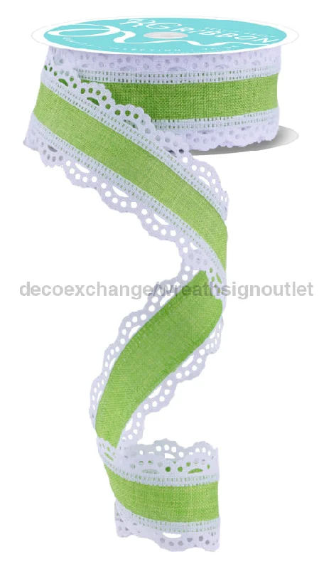 1.5"X10Yd Lace Edge Royal Burlap White/Lime Green RGA154109