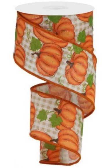 2.5" Pumpkin Patch Ribbon: Ivory Gingham Check Pumpkin Ribbon (10 Yards) Pumpkin Autumn Fall Wired Ribbon RGA147933