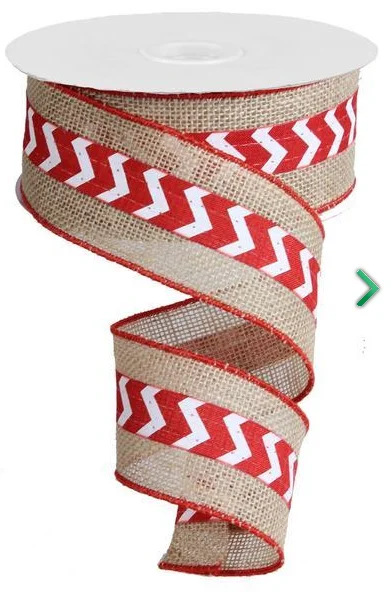 2.5" X 10 yd Mini Chevron on Burlap Jute Wired Edge Ribbon--Red/White