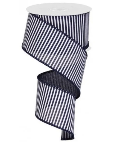 2.5 " X 10 yd Wired Horizontal Stripe Canvas Ribbon--Navy on White