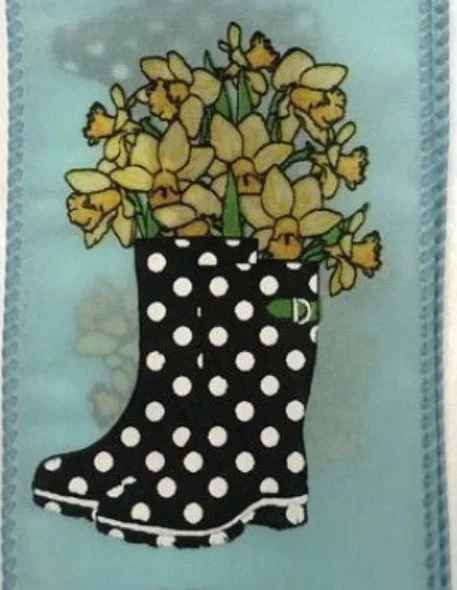 2.5" X 10yd Blue Satin Ribbon w/Black Rainboots and Yellow Daffodils-Wired Edge