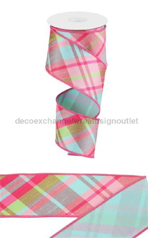 2.5"X10Yd Diagonal Plaid/Pg Fused Back Light Pink/Robin Egg/Green/Hot Pink RGX005115