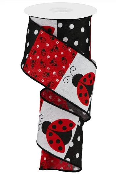 2.5"X10yd Ladybug Block Pattern Royal Wired Edge Ribbon