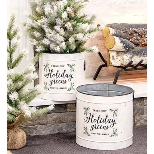 2/Set, Holiday Greens Distressed Metal Pails