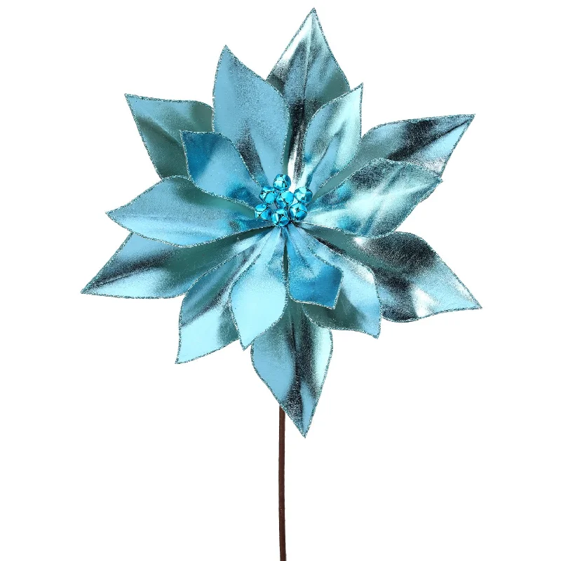 24" Retro Poinsettia Stem w/Jingle Bells (Aqua Blue)