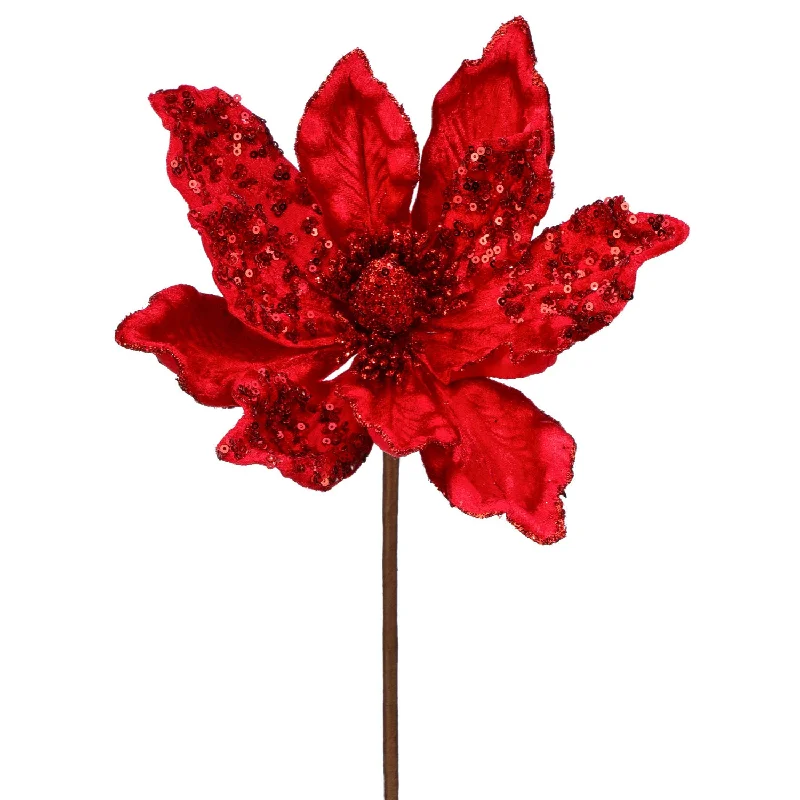 Velvet Sheen Magnolia Stem W/ Sequins, 24" (Red)