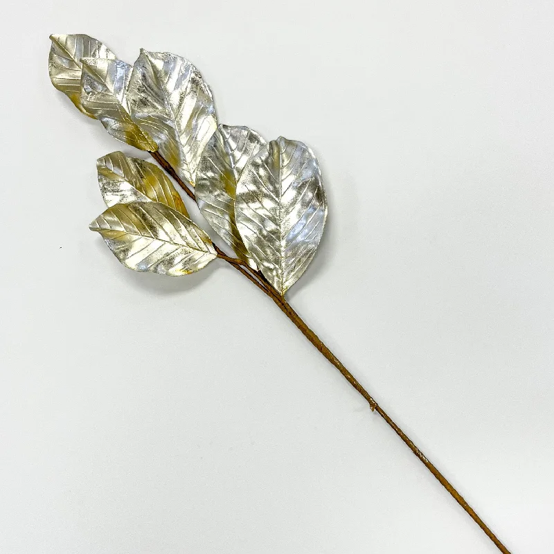 Silver Gold Metallic Magnolia Leaf Branch Spray - 29"