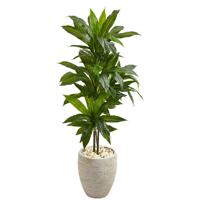 Artificial 4-foot Dracaena Plant in Sand Colored Planter (Real Touch) - Green