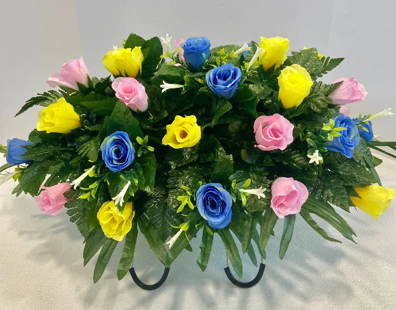 Cemetery Headstone Saddle Arrangement with Pink, Blue, and Yellow Roses with White accent-Grave Decoration