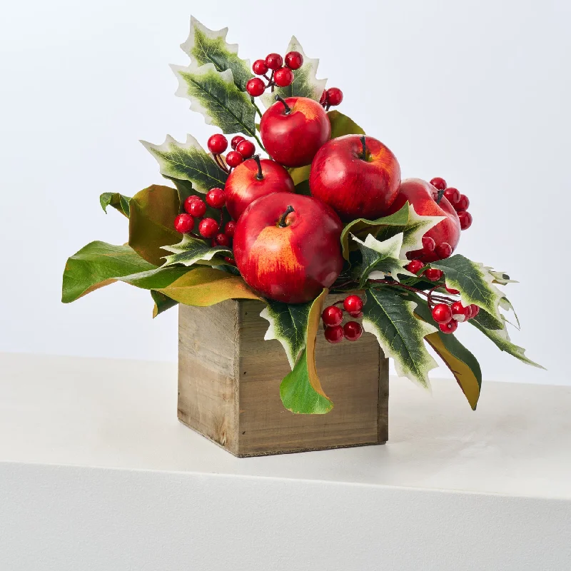 Classic Red Apple, Holly & Magnolia Leaf Christmas Arrangement in Small Wood Planter Box