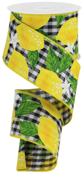 Expressions, 2.5" Lemon Check Ribbon: Black & White (10 Yards) Lemon Wired Ribbon