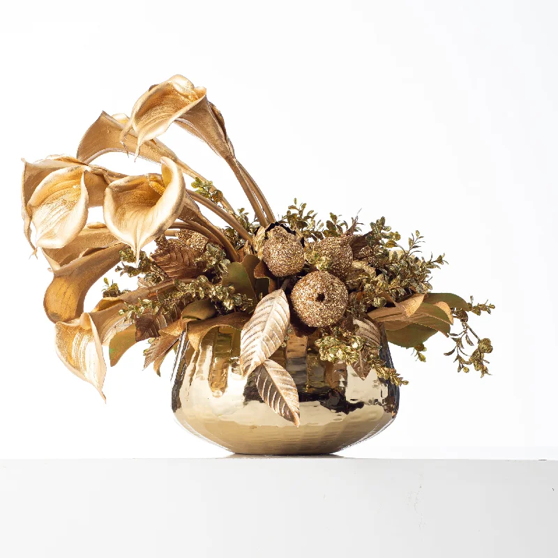 Gilded Grandeur - Gold Leaf Magnolia, Calla Lily, Artichoke & Sequin Holiday Pomegranate Large Christmas Centerpiece Arrangement in Hammered Gold Metal Bowl