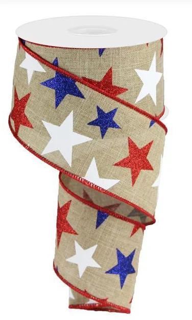 Glittered Stars Wired Edge Ribbon - 10 Yards (Light Beige, 2.5")