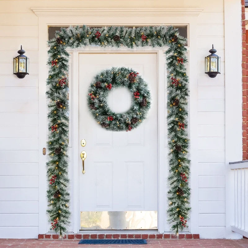 Glitzhome 9ft Pre-Lit Greenery Christmas Garland with 50 Warm White Lights(Includes Timer)