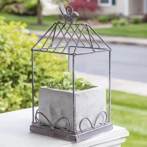 Graywash Metal Birdcage With Cement Planter