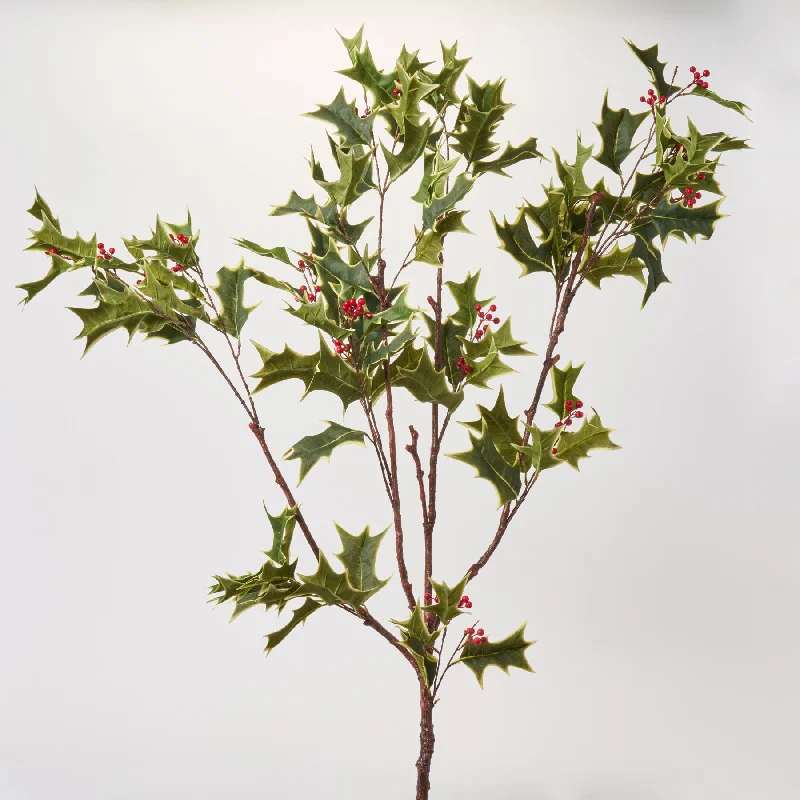 Large Green Holly Leaf & Red Berry Twig Branch Spray - 45"