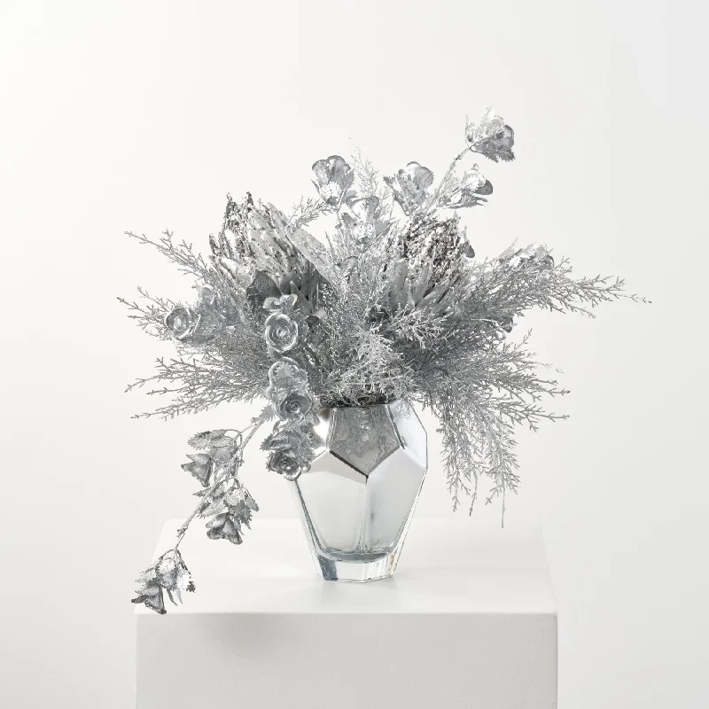 Ice Queen - Silver Protea, Mini Rose & Cedar Spray in Silver Diamond Vase Holiday Christmas Arrangement