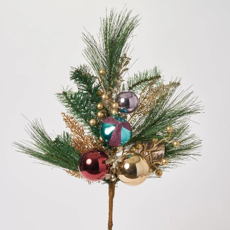 Jewel-tone Blue, Red, Gold, & Pink Shatterproof Ball Ornaments, Winter Pine Vintage Holiday Spray - 30"