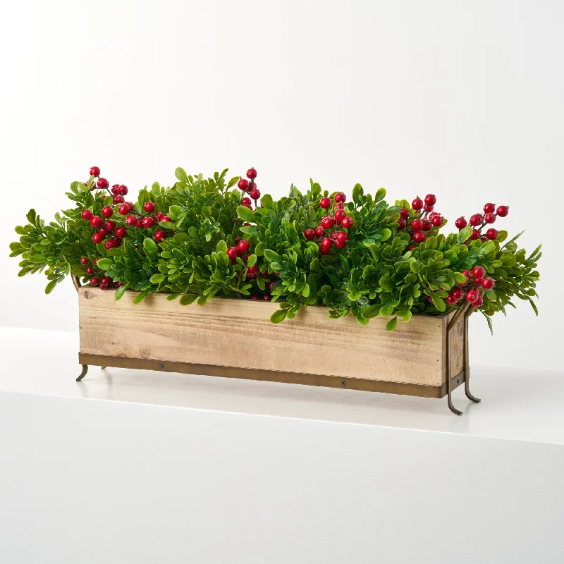 Lifelike Holiday Boxwood with Red Winter Berry in Long Wood & Gold Metal Box Planter Christmas Centerpiece Arrangement