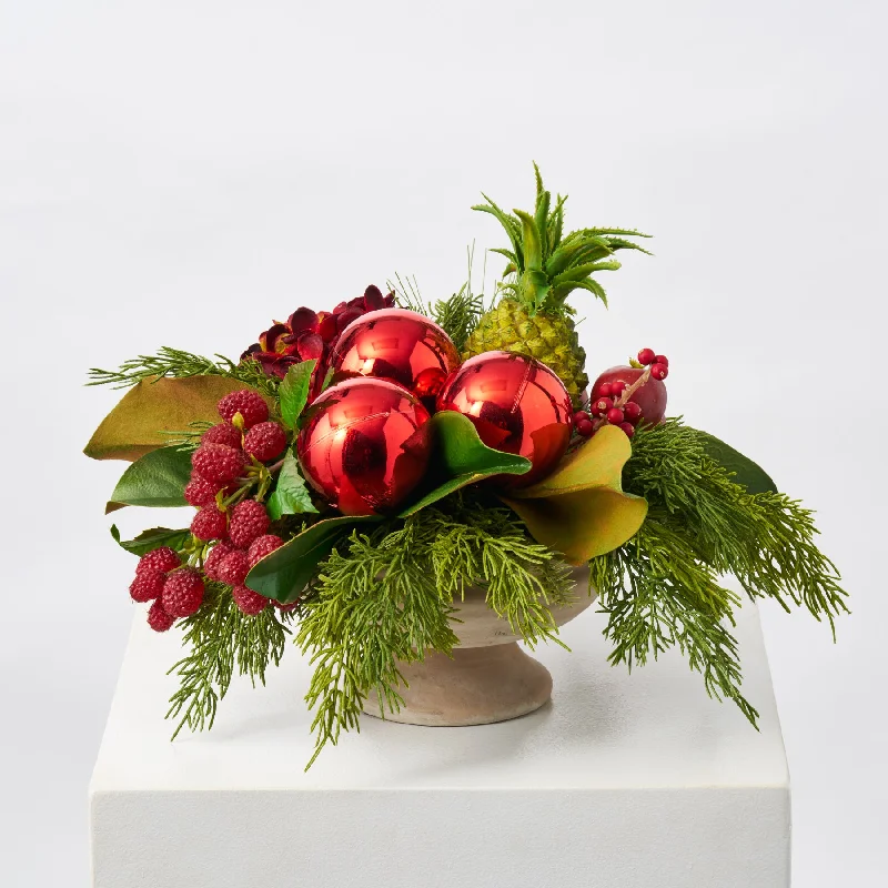 Mele Kalikimaka - Faux Pineapple & Raspberry, Magnolia Leaves & Red Hydrangea, Ornament Ball Christmas Arrangement in Small Winnie Compote