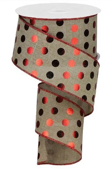 Metallic Polka Dots Wired Edge Ribbon - 10 Yards (Light Beige, Red, 2.5")