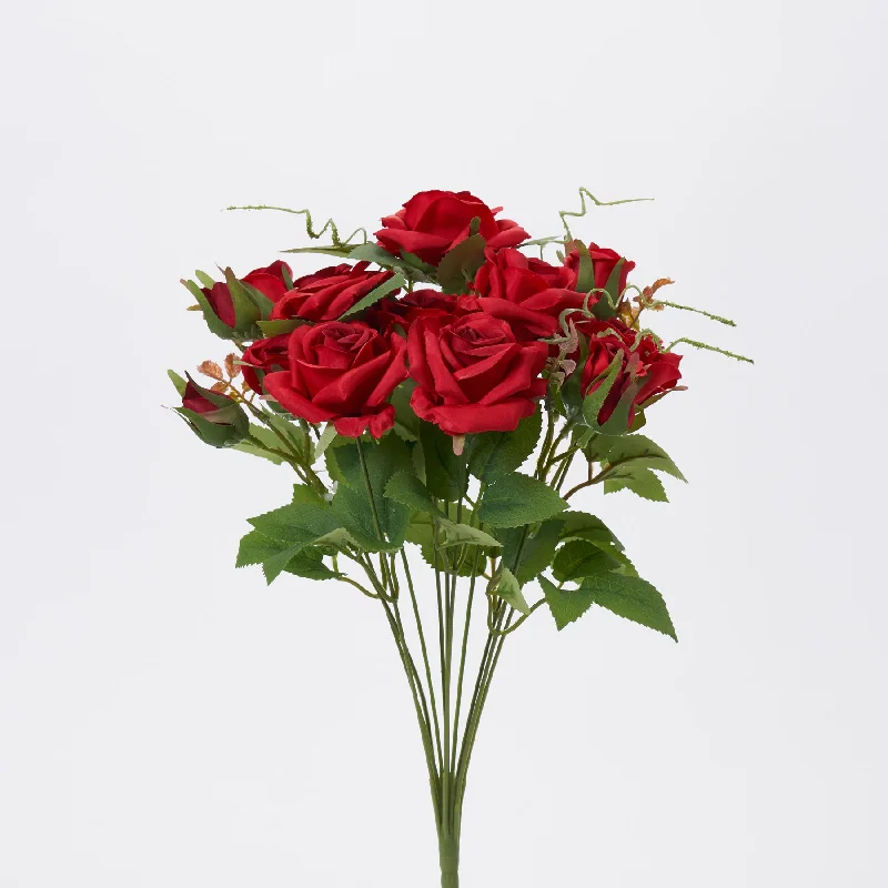 Red Silk Rose Bloom Bush Spray Faux Floral Stem Bouquet - 16"