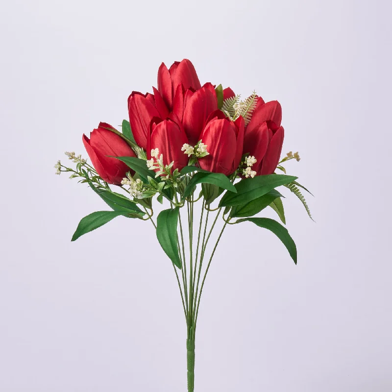 Red Silk Tulip Bloom & Leaf Stem Bouquet Faux Floral Spray  - 19"