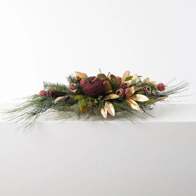 Royal Crystal Beaded Sugared Fruit & Adorned Christmas Arrangement in Gold Low Boat Oval Vessel