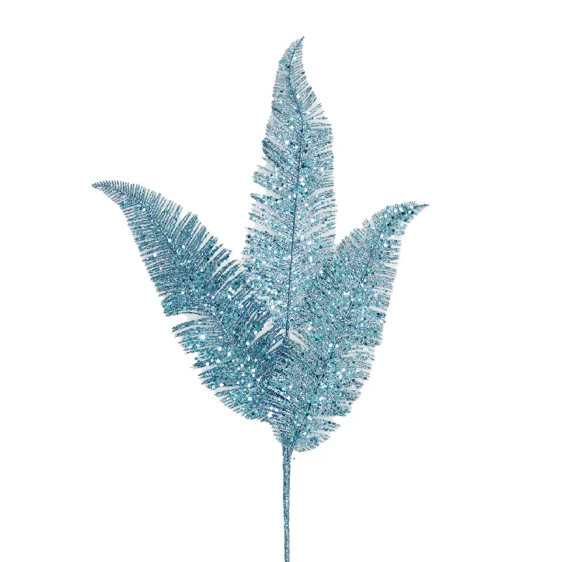 Ice Blue Glittered Fern Leaf Spray