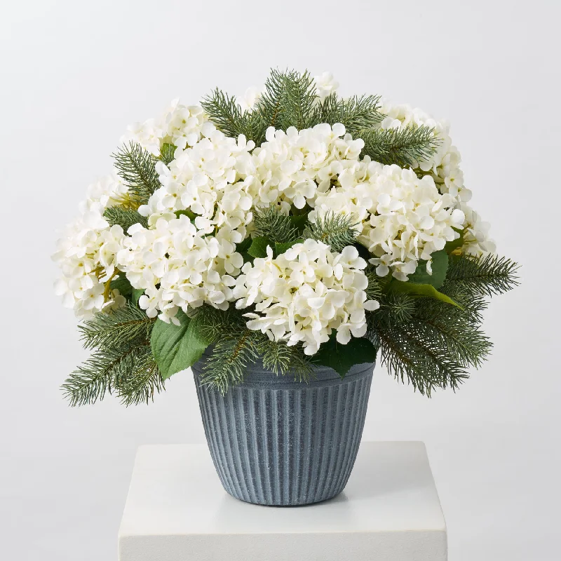 White Hydrangea Bush & Round Tip Pine Outdoor Planter Winter Urn Filler Arrangement