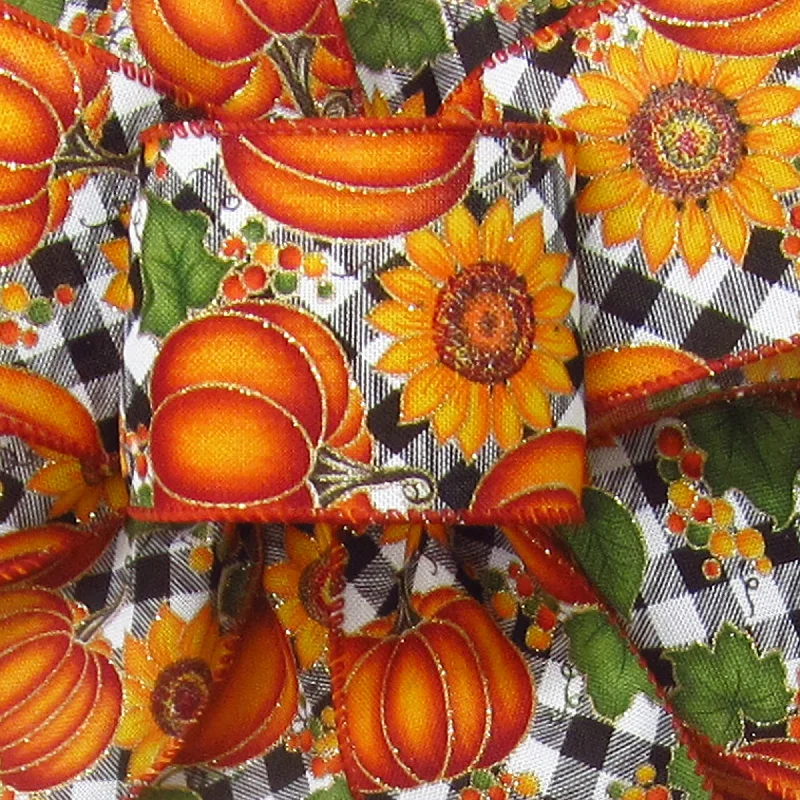 Wired Buffalo Plaid Pumpkins Sunflowers Ribbon (#40-2.5"Wx10Yards)