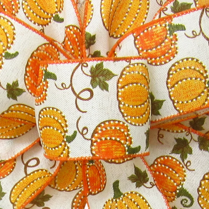 Wired Dotted Pumpkins on Ivory Ribbon (#40-2.5"Wx10Yards)