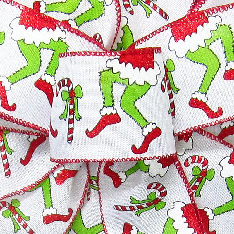 Wired Green Monster Legs Candy Cane Christmas Ribbon (#40-2.5"Wx10Yards)