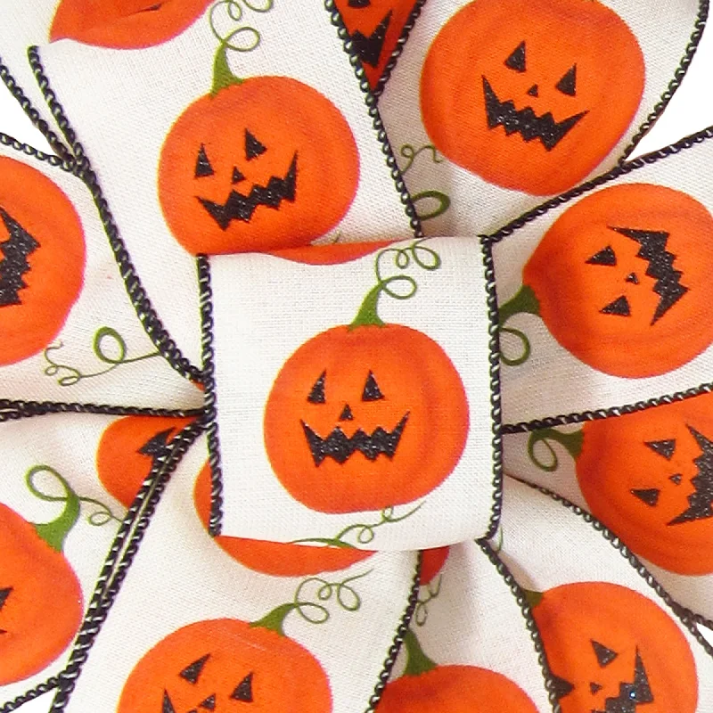 Wired Halloween Pumpkins on Ivory Ribbon (#40-2.5"Wx10Yards)