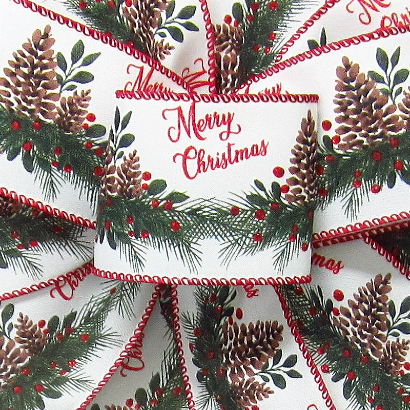 Wired Merry Christmas Pinecone Mantle Swag Ribbon (#40-2.5"Wx10Yards)