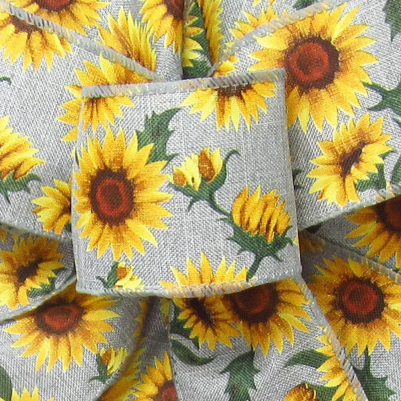 Wired Painted Sunflowers on Grey Ribbon (#40-2.5"Wx10Yards)