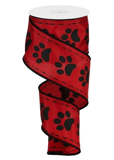 Wired Ribbon Red and Black Paw Prints on Satin 2.5" X 10 Yards for Dog or Cat Lover