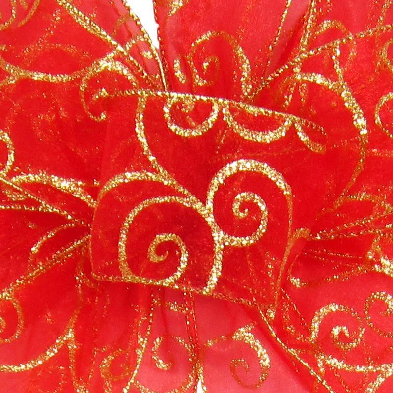 Wired Sheer Red & Gold Swirl Ribbon (#40-2.5"Wx10Yards)